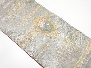 額縁に牡丹・小鳥模様織り出し袋帯